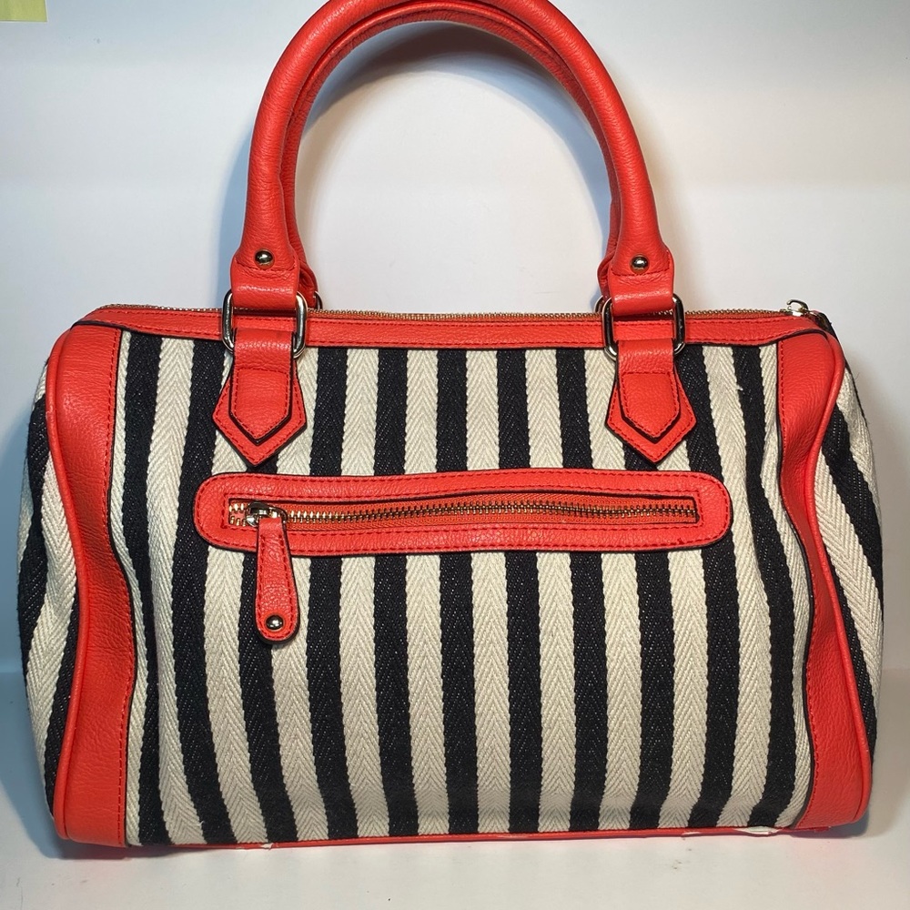 Sondra Roberts Black & White Striped & Coral Faux Leather Trim Satchel Bag